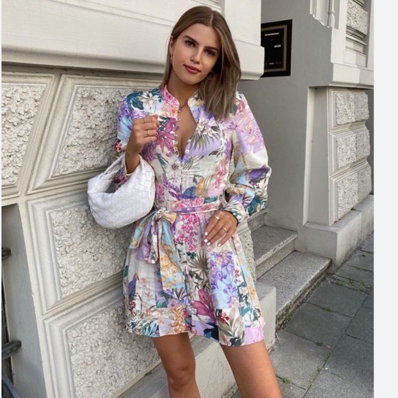 Zara Floral Parrot Button Up Belted Mini Linen Dress XS blogger fav - Picture 2 of 12